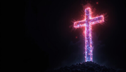 Fototapeta premium glowing cross stands majestically on dark background, radiating vibrant colors and energy, symbolizing hope and faith