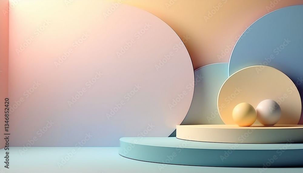 Poster a minimalist and artistic studio scene featuring a geometric display stand with spheres on top and p