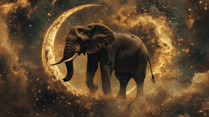 Elephant walks through golden galaxy night sky.