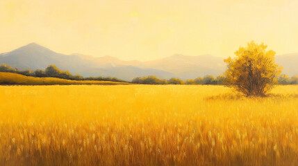 Obraz premium Golden Fields: A breathtaking landscape of golden fields stretches towards distant mountains, under a warm, hazy sky.