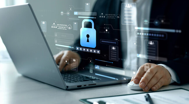 Protecting herself from cyber attacks. Documents confidentiality,cyber security protection concept. Software for security, searching and managing corporate document and employee information.	