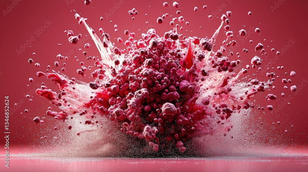 Aufkleber a vibrant crimson explosion of densely clustered spherical particles bursting against a deep red bac
