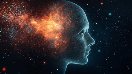 Cosmic Mind: A surreal portrait of a human head dissolving into a galaxy, representing the vastness of thought, intelligence, and imagination.