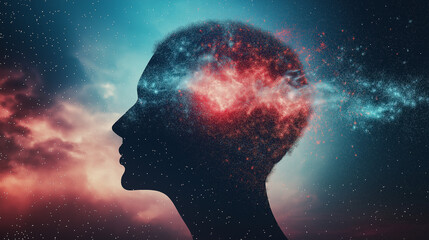 Inner Cosmos: A captivating silhouette profile of a person, the mind explodes with cosmic patterns, depicting the boundless realms of human thoughts and creativity.