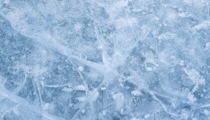 a close-up view of a frozen lake surface. The ice displays intricate cracks and patterns