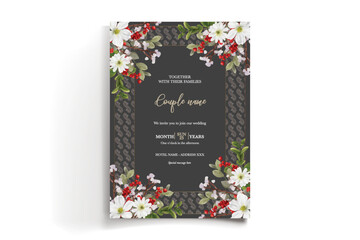 WEDDING INVITATION FRAME WITH FLOWER DECORATIONS AND FRESH LEAVES