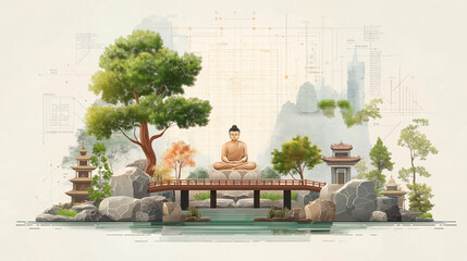 Serene Buddha in the Garden: A peaceful image capturing a Buddha statue in a zen garden. The illustration captures the serenity and beauty of the scene, surrounded by nature, bridges, and pagodas.