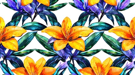 Vibrant Floral Pattern Featuring Yellow and Purple Lilies Surrounded by Lush Green Leaves