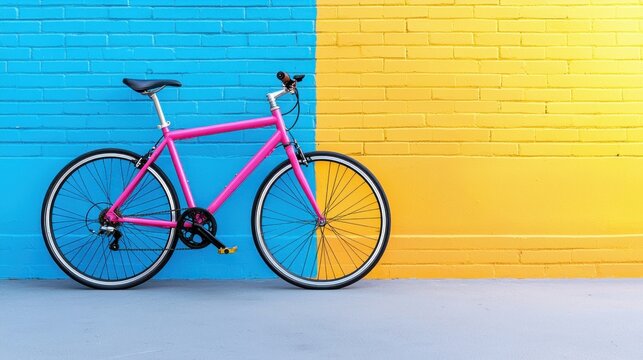 Vibrant pink bicycle leaning against a vivid blue and yellow painted brick wall in an urban setting scene