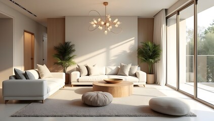Fototapeta premium Modern living room interior with a cozy white sofa, textured pillows, and a wooden coffee table. Decor includes potted plants, abstract artwork, and natural elements. Stylish home decor. Template. 