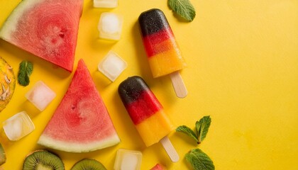 Watermelon slices, ice cream and other summer treats on a vibrant yellow backdrop, creating a refreshing and cheerful visual