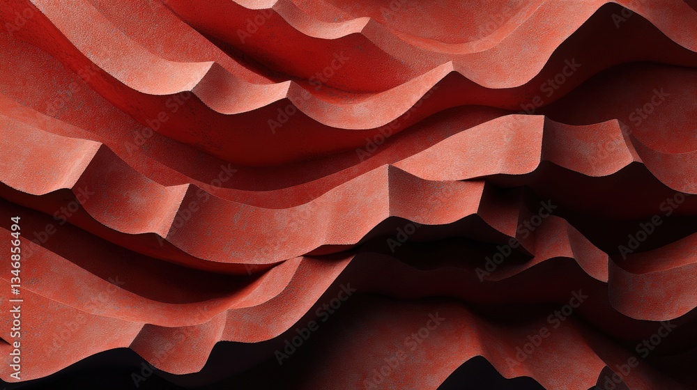 Poster abstract close-up portrait of textured undulating surface in deep reddish-orange resembling folded f