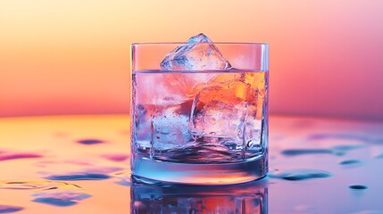 Elegant Cocktail Glass with Ice Cubes and Glowing Sunset Reflection