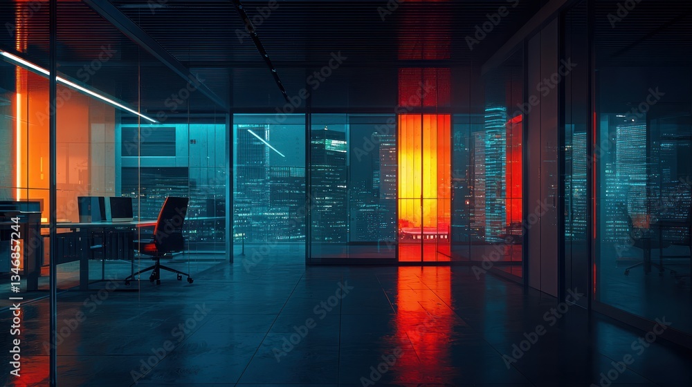 Poster empty futuristic office with desk city view and illuminated wall panels creating a modern workspace 