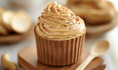 Peanut butter cupcake, close-up, wooden board, kitchen