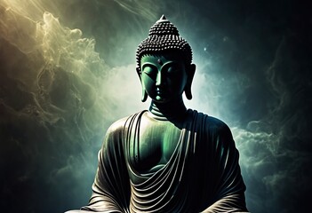 A statue of a Buddha with a green hue is shown against a cloudy background.