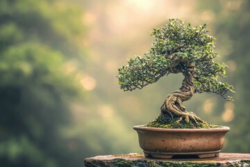 A serene bonsai tree, meticulously cultivated, displays its intricate branches and aged trunk against a softly blurred natural backdrop.