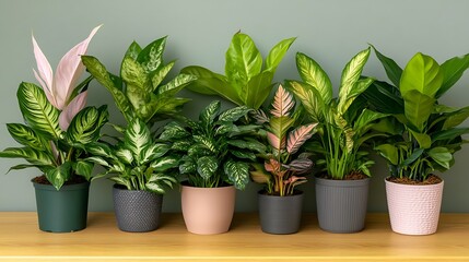 Fototapeta premium Colorful Houseplants in Pots on Shelf.