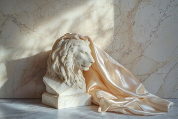 A serene marble lion bust draped in luxurious champagne silk, bathed in sunlight against a marble backdrop.