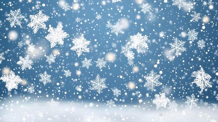 Fototapeta premium Delicate Snowflakes Gently Falling Against a Soft Blue Background in a Winter Wonderland