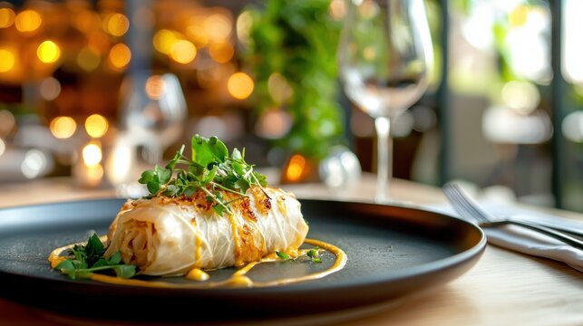 Elegant roll appetizer presentation on dark plate in restaurant setting with warm bokeh lighting and greenery