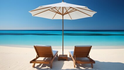 Tropical Vacation Relaxation Spot with Two Recliners Under Umbrella