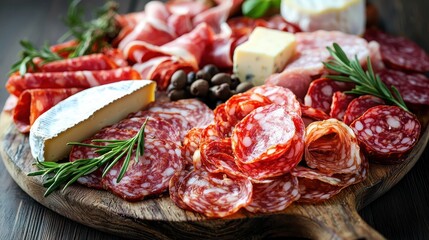 Delicious Charcuterie Board featuring assorted cheese selection cold cut assortment olives and fresh herbs