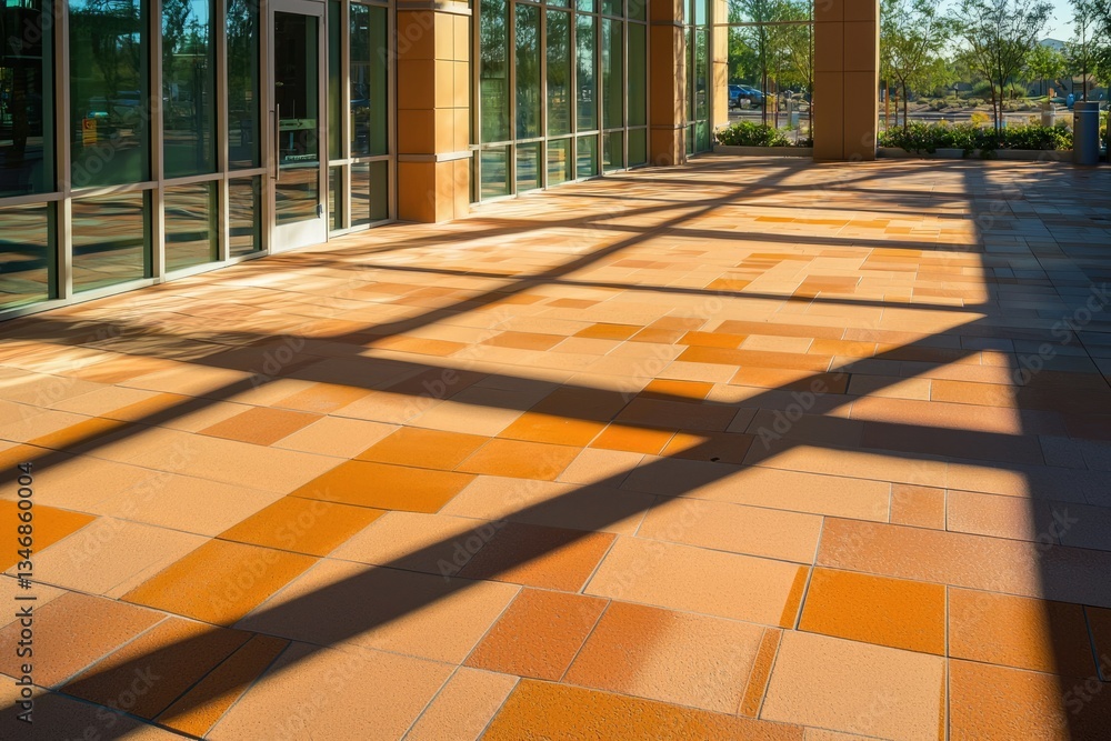 Aufkleber sunlit patio of a modern building, showcasing geometric tile patterns and shadows cast by architectu