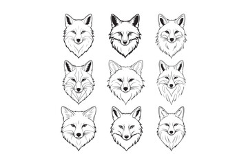 Fox Head Outline Set Black and White Wild Animal Line Art  