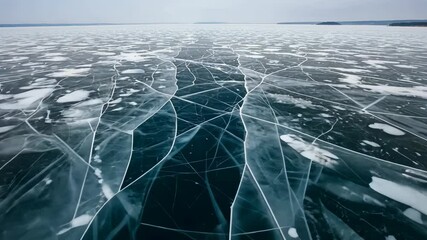Aerial View of Frozen Lake with Cracked Ice and Teal Water - Powered by Adobe