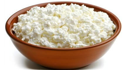 Close-Up View of Creamy Cottage Cheese in a Brown Bowl on a White Background