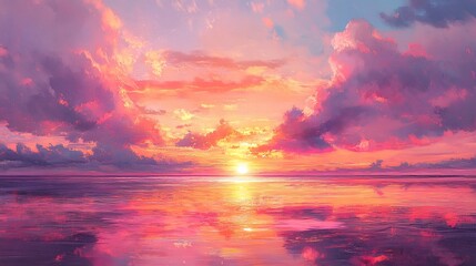 Obraz premium Vibrant Sunset Reflection over Tranquil Waters with Dramatic Clouds