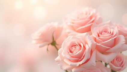 Close-up of three delicate pink roses against a soft, blurred background.