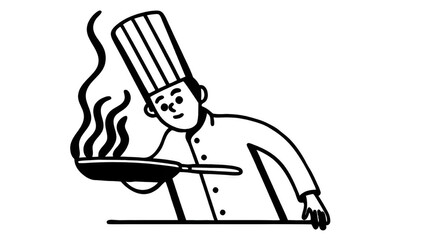 One continuous line drawing of a chef in a tall hat, flipping a pan with flames rising PNG