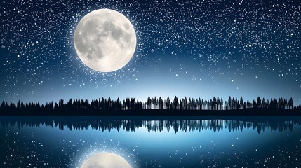 Naklejka premium Silhouetted Crowd Under Starry Sky with Full Moon Reflected on Calm Water Surface