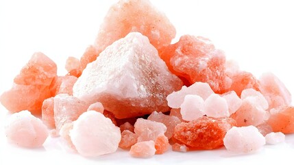 Pile of Natural Pink Himalayan Salt Crystals on White Background for Culinary Uses