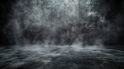 Dark, smoky industrial background with grunge concrete wall and floor.
