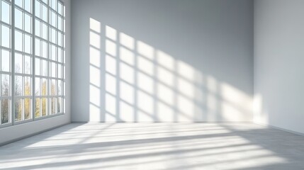 Fototapeta premium Sunlight Streaming Through Large Window in Minimalist Room Creating Shadows on White Walls and Light Gray Floor for Peaceful, Calm Atmosphere