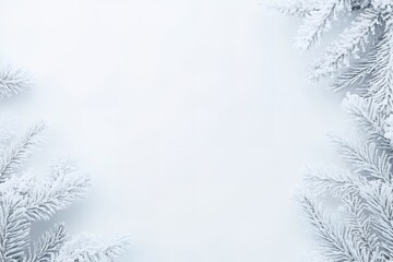 Obraz premium Winter Snow Covered Pine Branches Frame White Background Festive Holiday Card Design