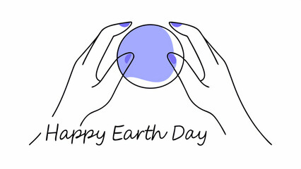 Happy Earth day Environment day Two hands holding Planet Earth minimal line art banner poster illustration with lettering of Happy Earth Day poster banner 