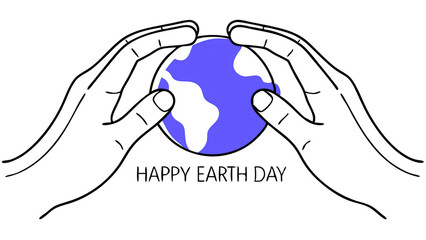 Happy Earth day Environment day Two hands holding Planet Earth minimal line art banner poster illustration with lettering of Happy Earth Day poster banner 