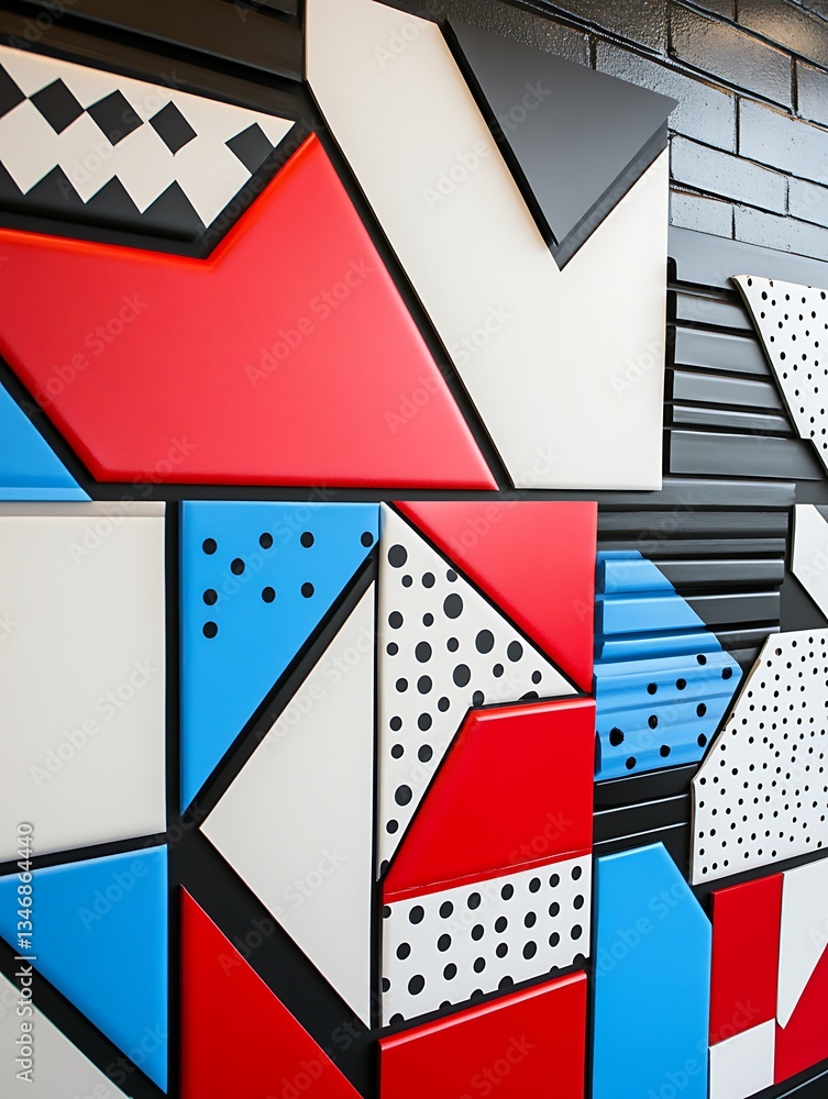 Poster dynamic geometric shapes art installation with bold colors and patterns