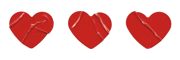 Set of three red glossy paper hearts with creases, blank love sticker on white background
