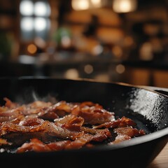 Fototapeta premium Crispy bacon cooking in a cast iron skillet breakfast preparation culinary smoke and blurred background