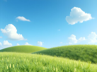 Fototapeta premium a serene landscape features rolling green hills and fluffy white clouds against a bright blue sky.