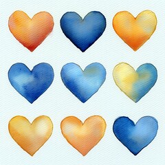 Watercolor Hearts Grid on Blue Background