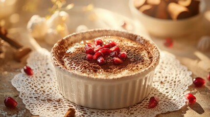 Creamy dessert with pomegranate seeds and cocoa powder topping in warm lighting with soft background