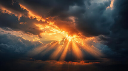 Dramatic sun rays break through dark storm clouds, creating stunning contrast in sky