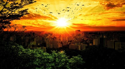 Naklejka premium Vibrant sunset over a sprawling city, birds silhouetted against the fiery sky.