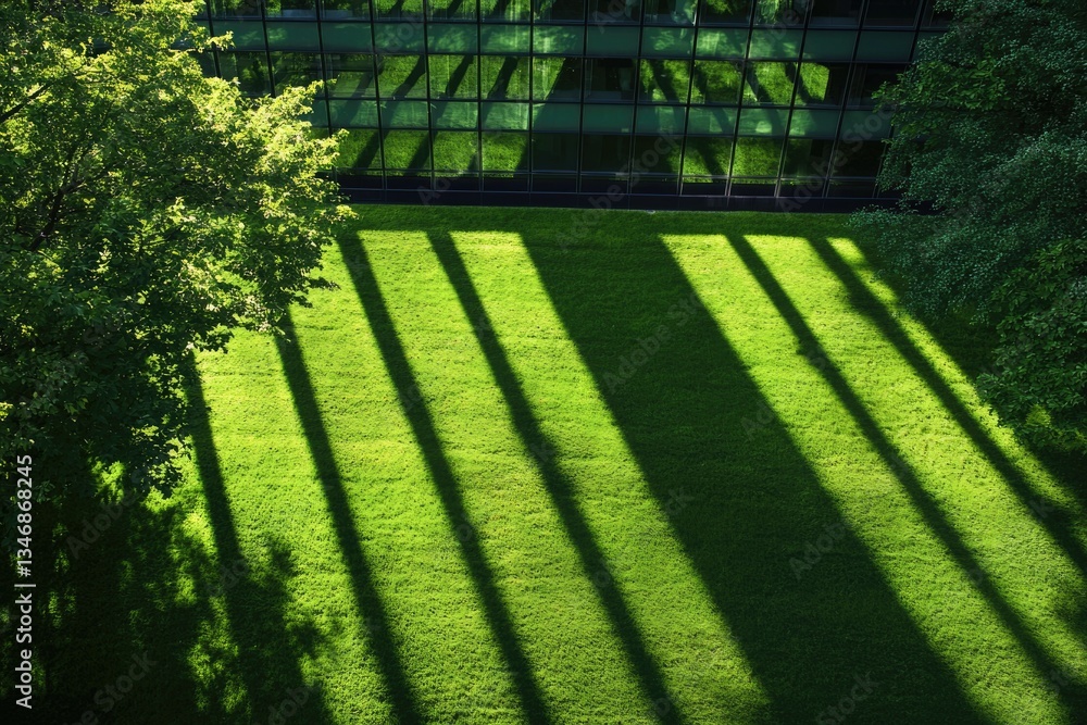 Poster parallel shadows of a building cast on a lush green lawn, creating a striking geometric pattern.